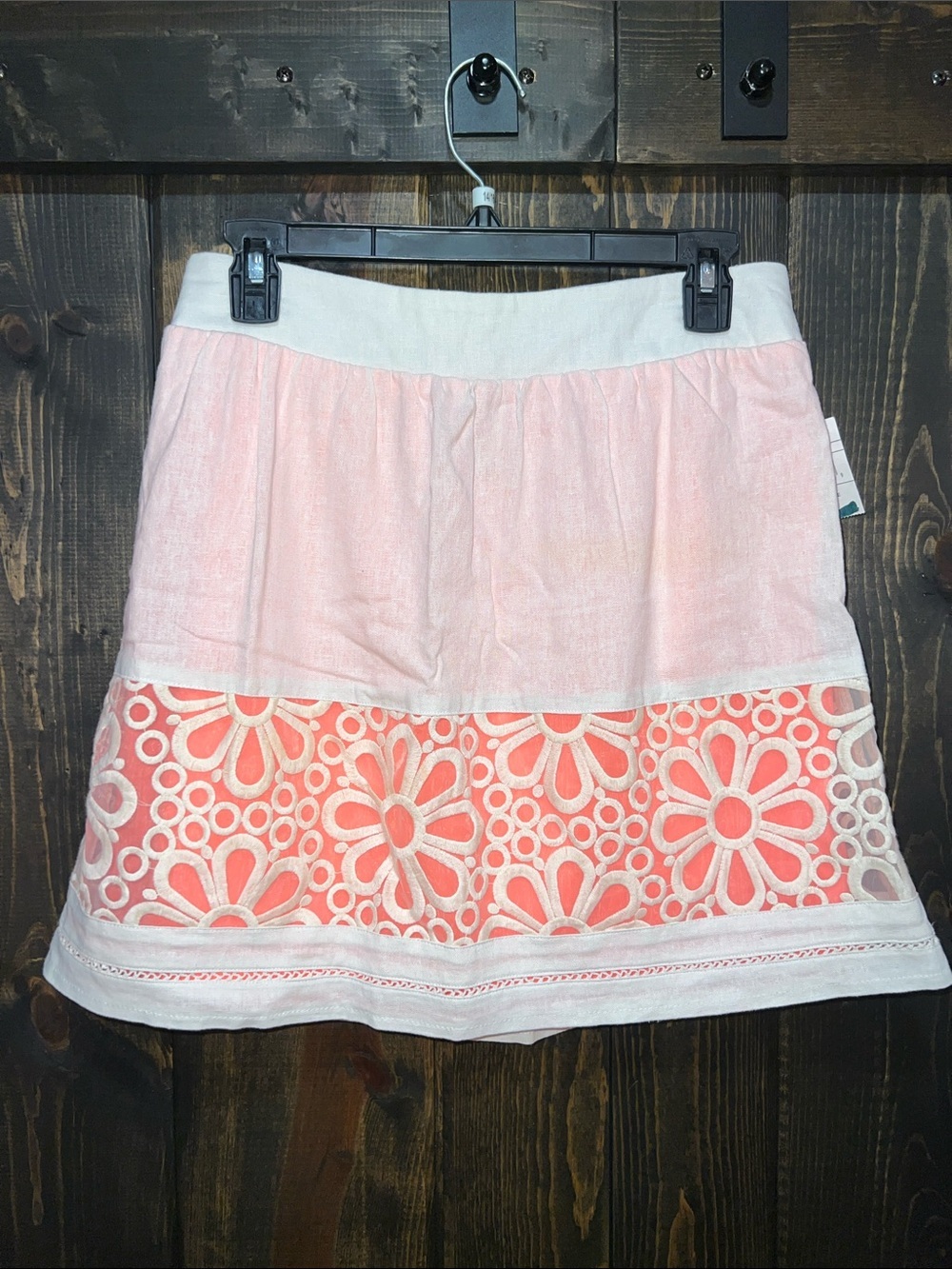 Stoosh Linen Coral Mini Skirt L  Boho Floral Sheer Lined Coastal Hippie NWT